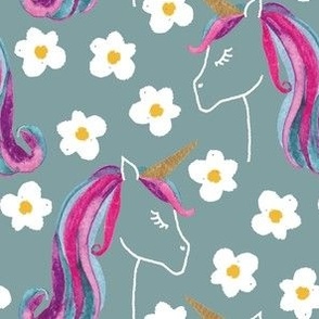 Large unicorns and daisies on blue for kids clothing, baby and nursery  - signature colour collection 