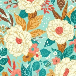 Calm Oasis - Coral, Turquoise And Gold Florals