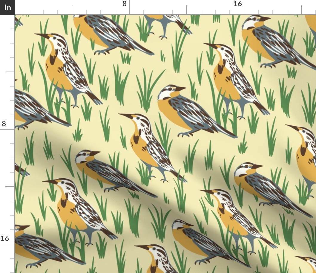 Western Meadowlark Birds in Grass on Light Yellow