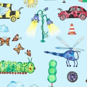 Watercolor vehicles, bee bus, ladybug car, dragonfly helicopter, caterpillar train and butterfly