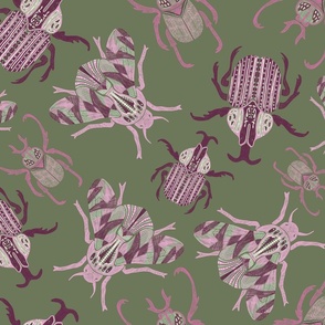Doodle pink and violet Bug Trio - green background