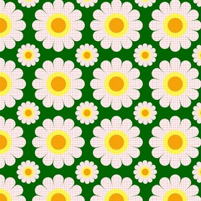 Retro Summer Daisies Pattern On Forest Green