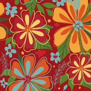  Maximalist - Large scale  yellow, orange and red  floral  in  tomado red wallpaper and home decor