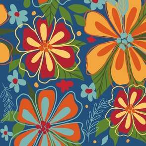 Maximalist - Large scale  yellow, orange and red  floral  in blue  wallpaper and home decor