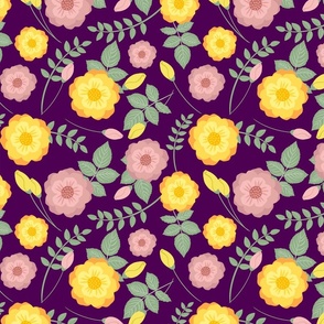 Boho Floral Pattern No.7 Yellow Roses on Purple