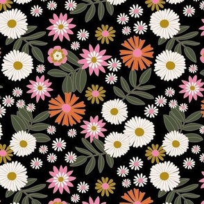 Romantic retro garden - wildflower meadow english botanical boho design vintage orange pink green on black