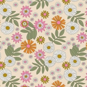 Romantic retro garden - wildflower meadow english botanical boho design vintage orange pink green on cream vanilla
