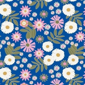 Romantic retro garden - wildflower meadow english botanical boho design vintage pink yellow green on eclectic blue