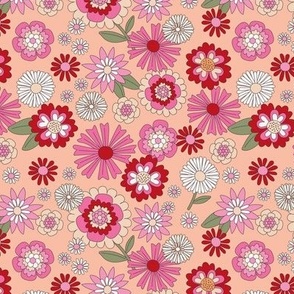 Flower field - wildflower summer blossom with daisies lilies daisies carnations and more vintage floral pink red blush green on peach