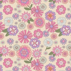 Flower field - wildflower summer blossom with daisies lilies daisies carnations and more vintage floral pink lilac orange green on soft sand