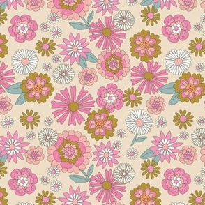 Flower field - wildflower summer blossom with daisies lilies daisies carnations and more vintage sixties floral teal blue pink ochre on sand