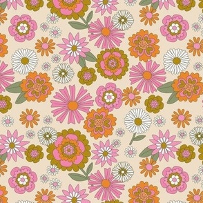 Flower field - wildflower summer blossom with daisies lilies daisies carnations and more vintage floral pink orange mustard green on sand