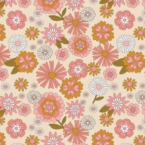 Flower field - wildflower summer blossom with daisies lilies daisies carnations and more vintage floral soft pink mustard orange blush on soft sand