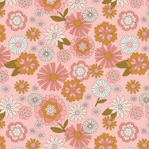 Flower field - wildflower summer blossom with daisies lilies daisies carnations and more vintage floral pink ochre yellow green on soft pink