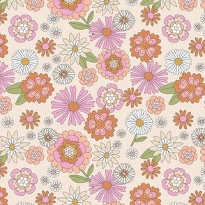 Flower field - wildflower summer blossom with daisies lilies daisies carnations and more vintage floral soft pastel pink peach orange blush matcha green on cream