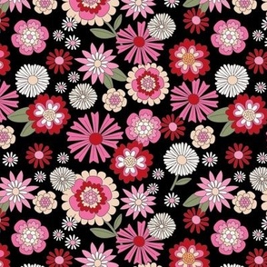 Flower field - wildflower summer blossom with daisies lilies daisies carnations and more vintage floral pink red blush olive green on black