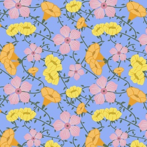 Boho Floral Pattern No.9 Vines And Buttercups On Blue