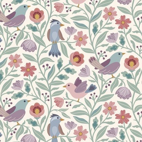 Sweet traditional floral with birds - soft pink, blue and green on cream - extra large