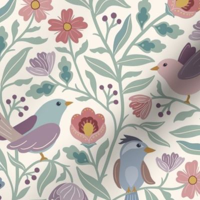 Sweet traditional floral with birds - soft pink, blue and green on cream - large
