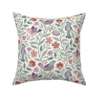 Sweet traditional floral with birds - soft pink, blue and green on cream - large