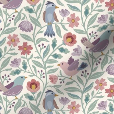 Sweet traditional floral with birds - soft pink, blue and green on cream - medium