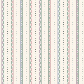 Sweet traditional  stripe with dots and waves - soft pink, blue and green on cream - medium - coordinate for sweet traditional floral with birds
