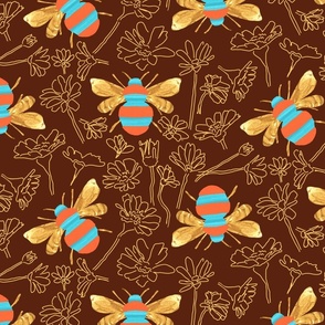 Painted Bumble Bees with Floral Outlines on Coppery Brown 