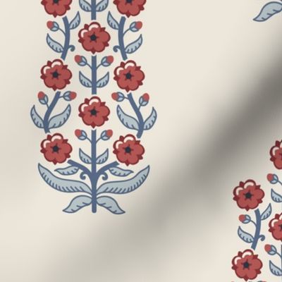 Classic chinoiserie ethnic floral - Bright red with  grey-blue on warm linen cream (#EDE7DA) - large