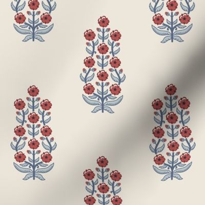 Classic chinoiserie ethnic floral - Bright red with  grey-blue on warm linen cream (#EDE7DA) - medium