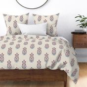 Classic chinoiserie ethnic floral - muted red with  grey-blue on warm linen cream (#EDE7DA) - large