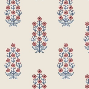 Classic chinoiserie ethnic floral - muted red with  grey-blue on warm linen cream (#EDE7DA) - large