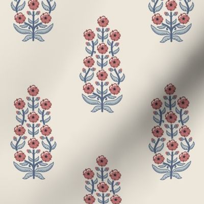 Classic chinoiserie ethnic floral - muted red with  grey-blue on warm linen cream (#EDE7DA) - medium
