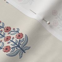 Classic chinoiserie ethnic floral - muted red with  grey-blue on warm linen cream (#EDE7DA) - medium