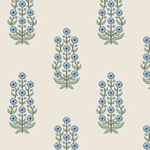 Classic chinoiserie ethnic floral - soft blue and muted green on warm linen cream (#EDE7DA) - large