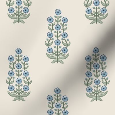 Classic chinoiserie ethnic floral - soft blue and muted green on warm linen cream (#EDE7DA) - medium