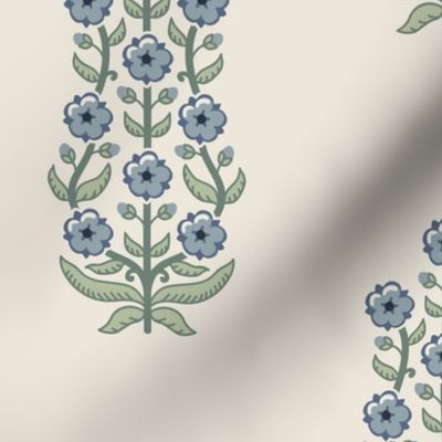 Classic chinoiserie ethnic floral -muted grey-blue and green on warm linen cream (#EDE7DA) - large