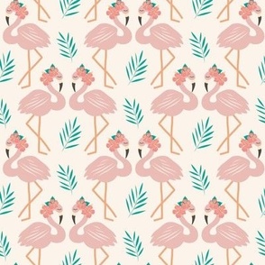 Small Flamingos with Hibiscus Flowers and Tropical Palm Leaves
