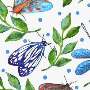 Colorful moths and green leaves watercolor L scale