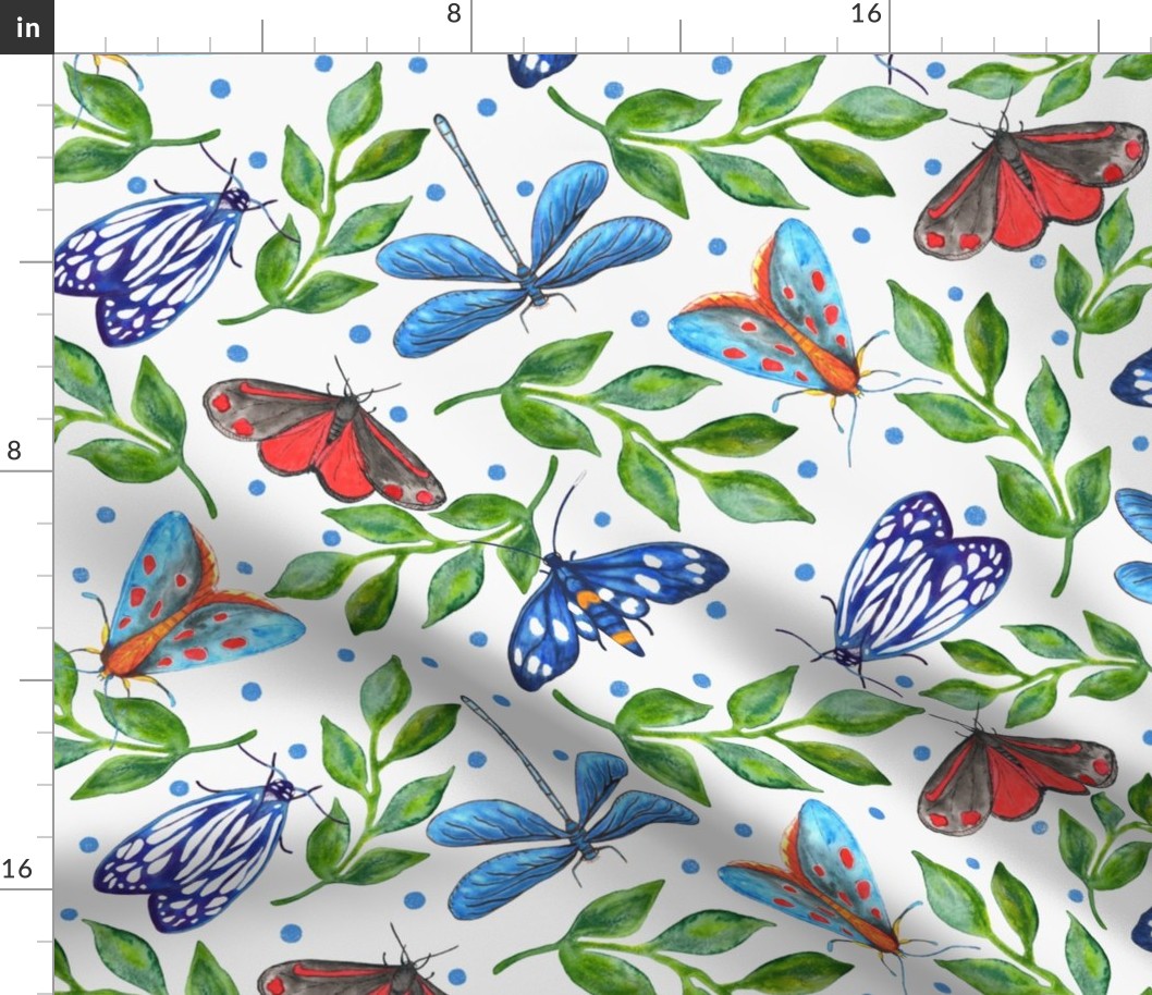 Colorful moths and green leaves watercolor L scale