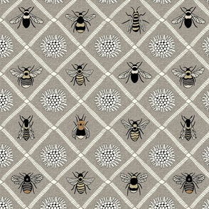 So Many Bees and Flowers - Medium -Greige - Texture