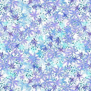 loose watercolour, watercolor painted flowers wild meadow floral, in purple and blue small scale for fabric