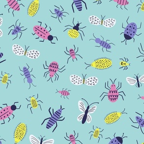 Cute doodle bugs, beetles, moths, gnats and more - aqua - large scale - shw1029 b