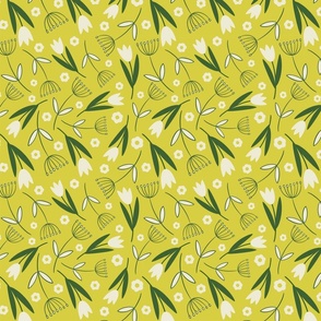 Boho Floral Pattern No.5 White And Green Tulips On Mustard Yellow