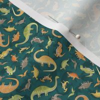 Ditsy Dinos Micro Dark Green- Happy Dinosaurs Coordinate- Adventure- Orange- Green- Yellow- Brown- Home Decor- Dino Nursery Wallpaper- Dinosaur Wallpaper- Paleontology