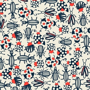 Happy Doodle Bugs Navy and Red on Ivory 24x24 Medium Scale