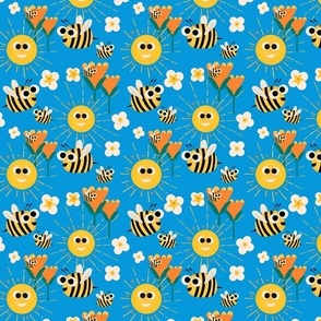 Happy bees and sunshine Azure Blue -  - Kids Nursery Illustration Kawaii Cute Bugs 
