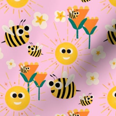 Happy bees and sunshine pink - - Kids Nursery Illustration Kawaii Cute Bugs 