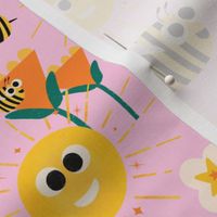 Happy bees and sunshine pink - - Kids Nursery Illustration Kawaii Cute Bugs 