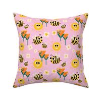 Happy bees and sunshine pink - - Kids Nursery Illustration Kawaii Cute Bugs 