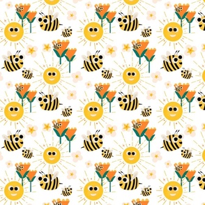 Happy bees and sunshine white - Kids Nursery Illustration Kawaii Cute Bugs 